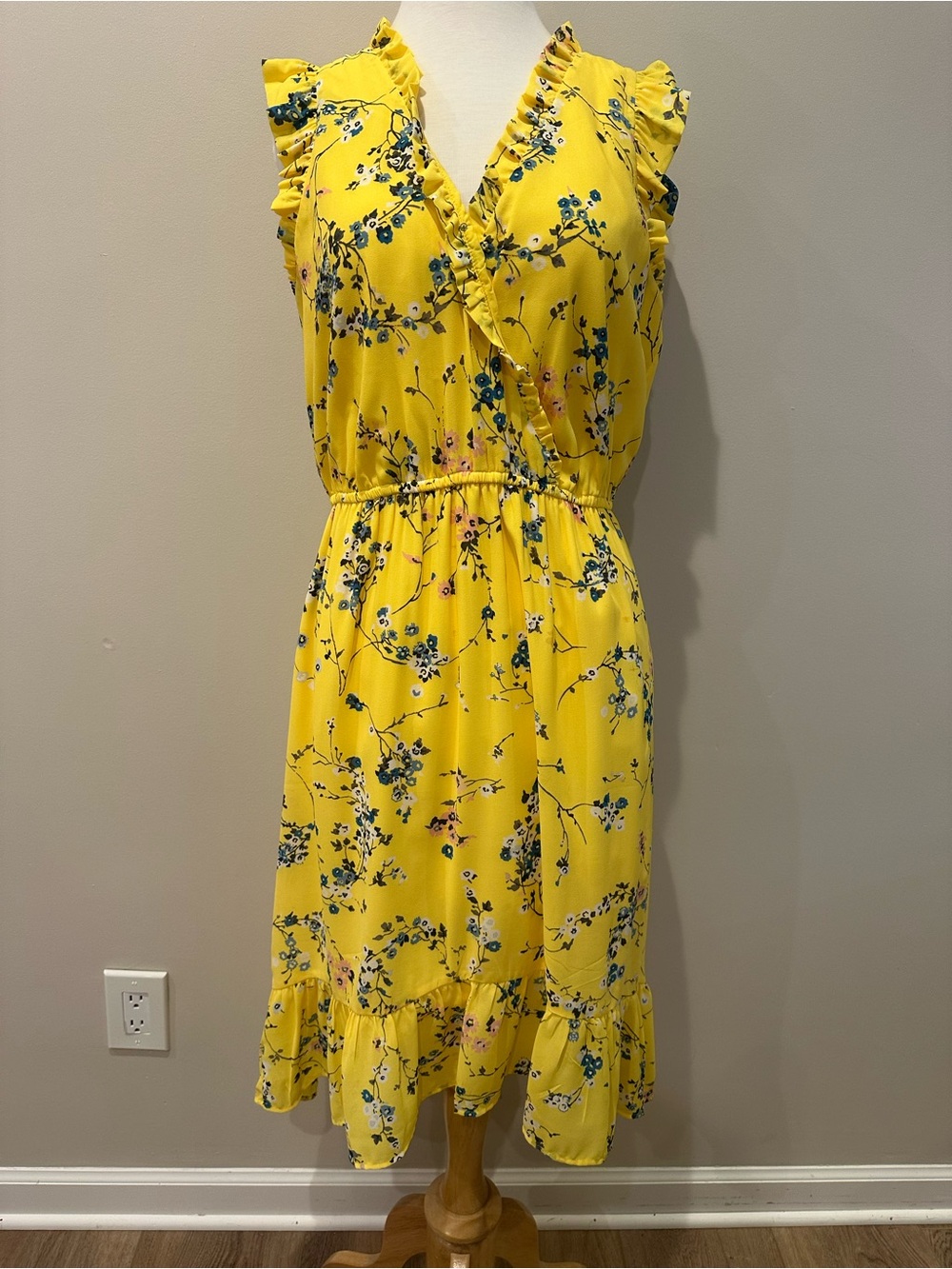 LOFT Yellow Floral Ruffle-Trim Mini Dress - Picture 2 of 5